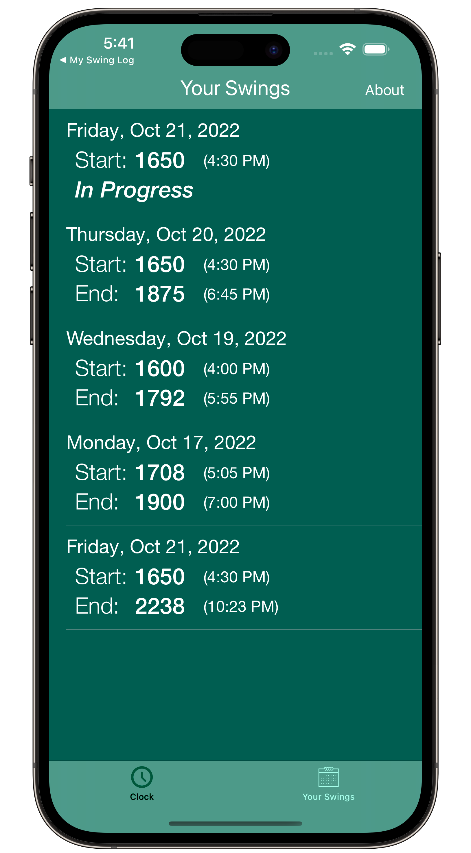 A list of swing shifts on MySwingLog